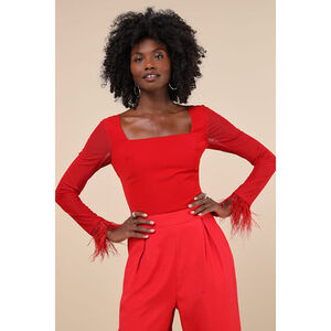 Lulus Effortlessly Luxe Red Feather Long Sleeve Bodysuit - Size S